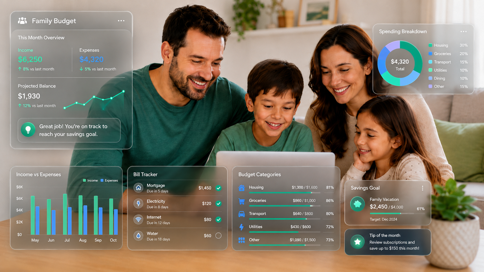Family reviewing their household budget together